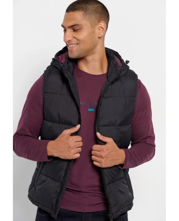 FUNKY BUDDHA Padded zip-up vest jacket with hidden detachable hood FBM008-008-01 BLACK