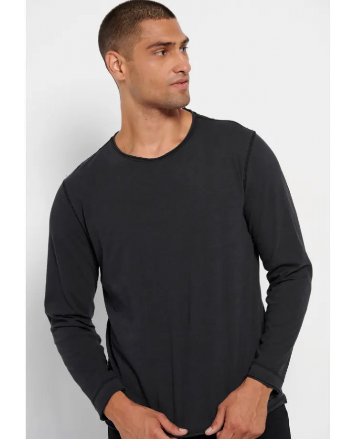 FUNKY BUDDHA Relaxed fit longsleeve t-shirt in melange cotton fabric BLACK