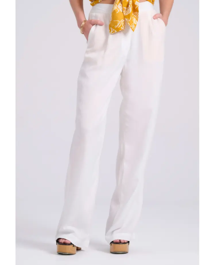 FUNKY BUDDHA Wide leg linen blend παντελόνα με μονή πιέτα FBL009-106-02  OFF WHITE