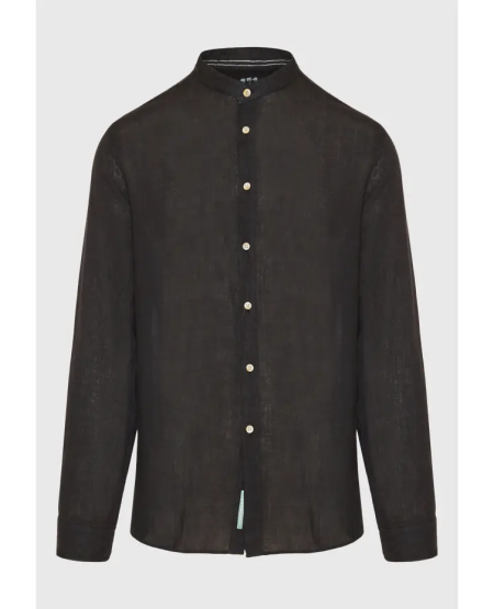 FUNKY BUDDHA Mao neck garment dyed linen shirt FBM009-003-05 BLACK