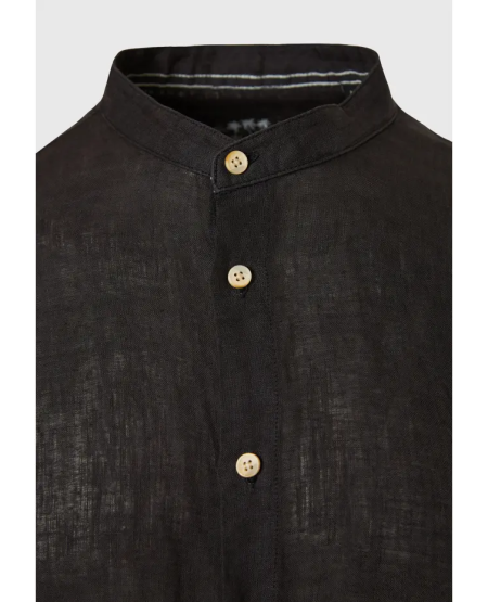 FUNKY BUDDHA Garment dyed λινό πουκάμισο με λαιμό mao FBM009-003-05 BLACK