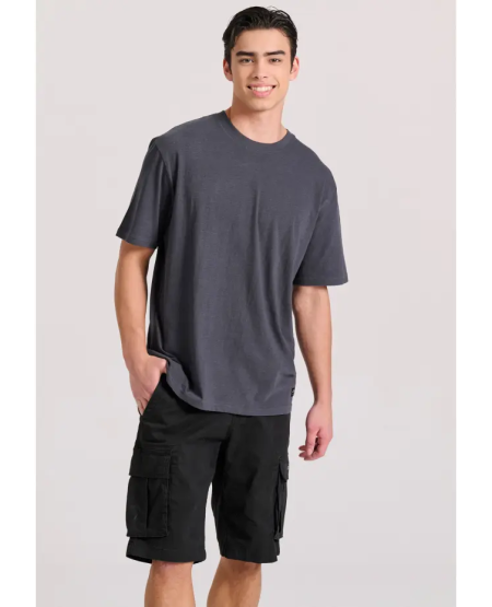FUNKY BUDDHA Relaxed fit linen blend μονόχρωμο t-shirt FBM009-083-04 ANTHRACITE