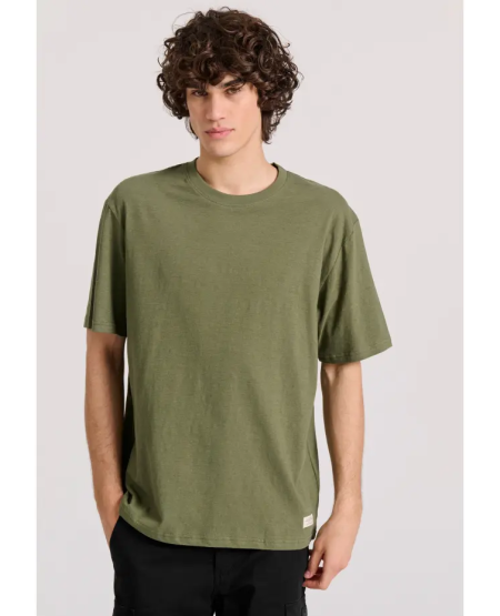 FUNKY BUDDHA Relaxed fit linen blend μονόχρωμο t-shirt FBM009-083-04 KHAKI