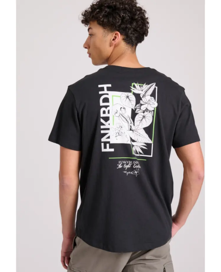FUNKY BUDDHA T-shirt with floral frame print on the back FBM009-308-04 BLACK