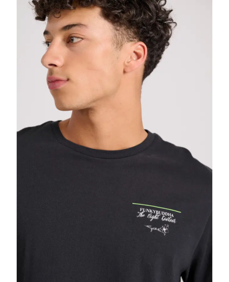 FUNKY BUDDHA T-shirt with floral frame print on the back FBM009-308-04 BLACK