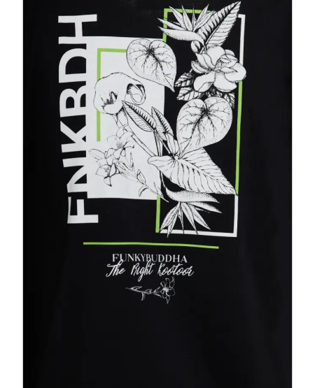 FUNKY BUDDHA T-shirt with floral frame print on the back FBM009-308-04 BLACK