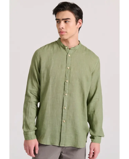 FUNKY BUDDHA Garment dyed λινό πουκάμισο με λαιμό mao FBM009-003-05 KHAKI