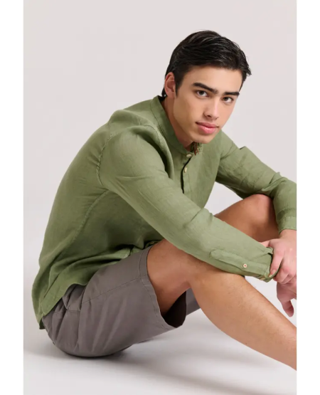 FUNKY BUDDHA Garment dyed λινό πουκάμισο με λαιμό mao FBM009-003-05 KHAKI