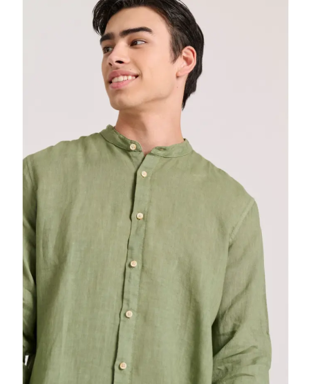 FUNKY BUDDHA Mao neck garment dyed linen shirt FBM009-003-05 KHAKI