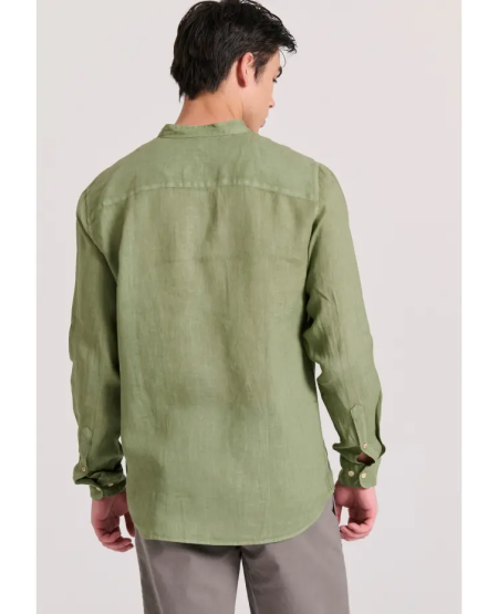 FUNKY BUDDHA Garment dyed λινό πουκάμισο με λαιμό mao FBM009-003-05 KHAKI