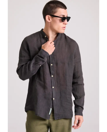 FUNKY BUDDHA Garment dyed λινό πουκάμισο με λαιμό mao FBM009-003-05 BLACK