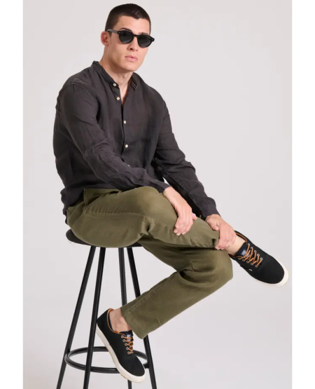 FUNKY BUDDHA Garment dyed λινό πουκάμισο με λαιμό mao FBM009-003-05 BLACK