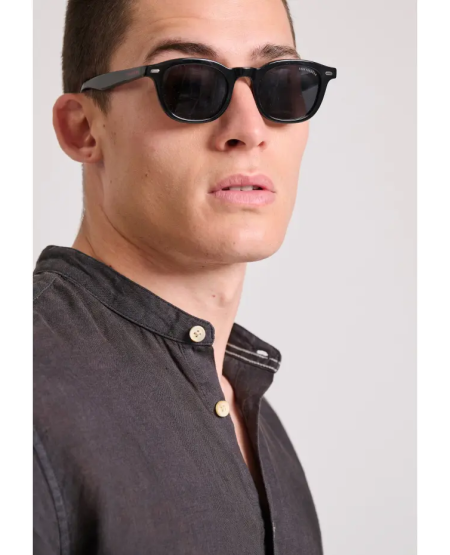 FUNKY BUDDHA Garment dyed λινό πουκάμισο με λαιμό mao FBM009-003-05 BLACK