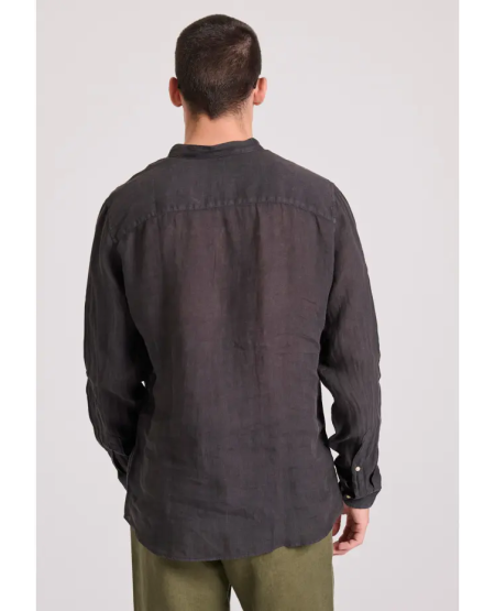 FUNKY BUDDHA Garment dyed λινό πουκάμισο με λαιμό mao FBM009-003-05 BLACK