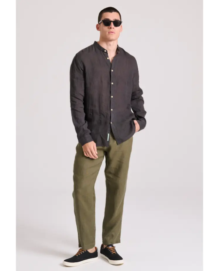 FUNKY BUDDHA Garment dyed λινό πουκάμισο με λαιμό mao FBM009-003-05 BLACK