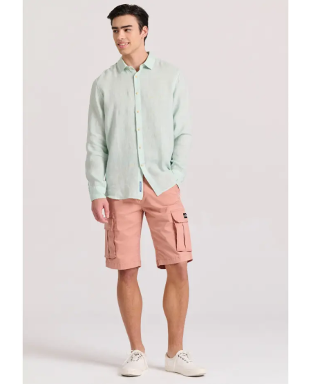 FUNKY BUDDHA Garment dyed λινό πουκάμισο - The essentials FBM009-001-05 LT AQUA
