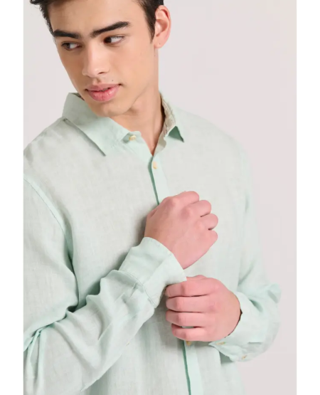 FUNKY BUDDHA Garment dyed λινό πουκάμισο - The essentials FBM009-001-05 LT AQUA