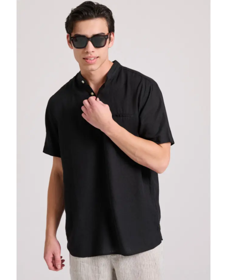 FUNKY BUDDHA Relaxed fit linen blend shirt with mao neck FBM009-006-05 BLACK
