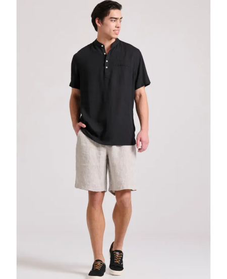 FUNKY BUDDHA Relaxed fit linen blend shirt with mao neck FBM009-006-05 BLACK