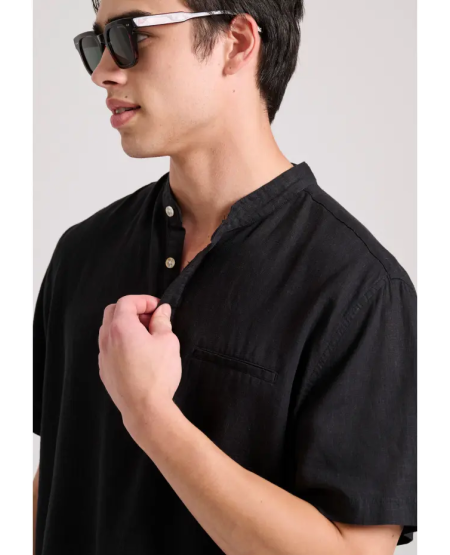 FUNKY BUDDHA Relaxed fit linen blend shirt with mao neck FBM009-006-05 BLACK
