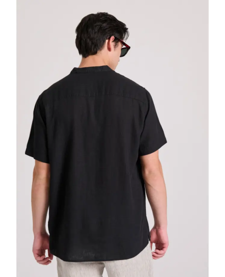 FUNKY BUDDHA Relaxed fit linen blend shirt with mao neck FBM009-006-05 BLACK
