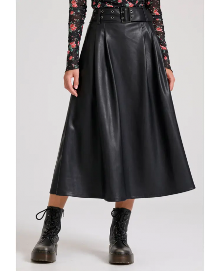 FUNKY BUDDHA Midi φούστα με πιέτες από οικολογικό δέρμα (PU) FBL010-120-14 BLACK
