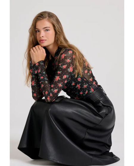 FUNKY BUDDHA Midi φούστα με πιέτες από οικολογικό δέρμα (PU) FBL010-120-14 BLACK