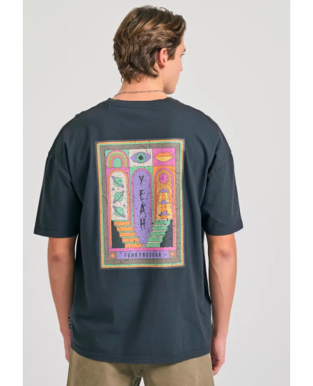 FUNKY BUDDHA Oversized garment dyed t-shirt με retro frame τύπωμα FBM011-063-04 ANTHRACITE