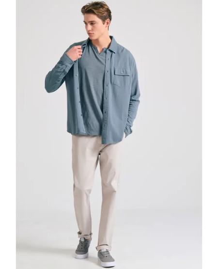 FUNKY BUDDHA T-shirt με λαιμό henley και raw cuts - The essentials FBM011-004-04 STEEL GREY