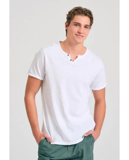 FUNKY BUDDHA T-shirt με λαιμό henley και raw cuts - The essentials FBM011-004-04 WHITE