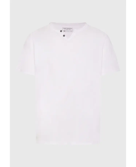 FUNKY BUDDHA T-shirt με λαιμό henley και raw cuts - The essentials FBM011-004-04 WHITE