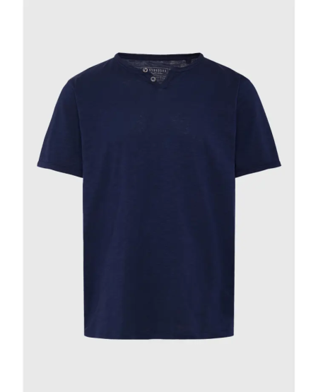 FUNKY BUDDHA T-shirt με λαιμό henley και raw cuts - The essentials FBM011-004-04 NAVY