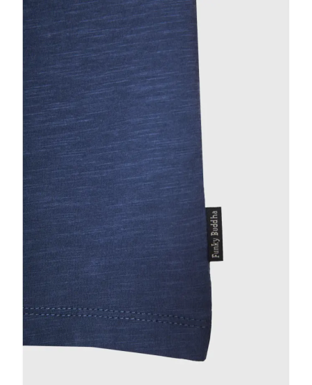 FUNKY BUDDHA T-shirt με λαιμό henley και raw cuts - The essentials FBM011-004-04 INDIGO