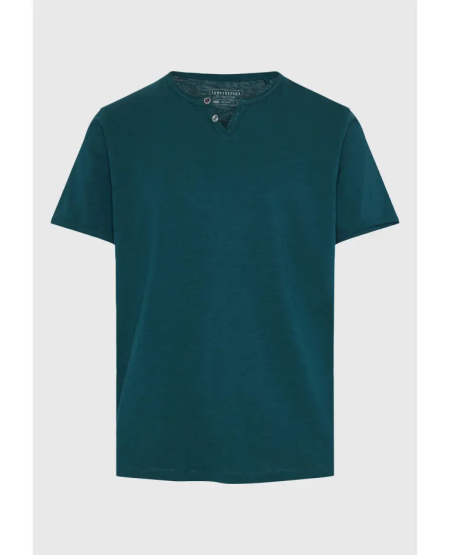 FUNKY BUDDHA T-shirt με λαιμό henley και raw cuts - The essentials FBM011-004-04 DARK SEA