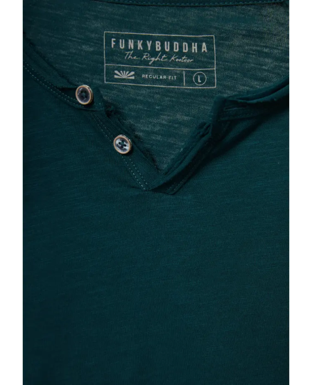FUNKY BUDDHA T-shirt με λαιμό henley και raw cuts - The essentials FBM011-004-04 DARK SEA
