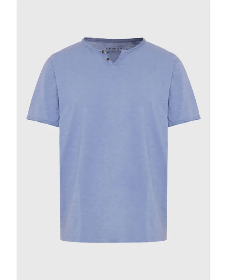 FUNKY BUDDHA T-shirt με λαιμό henley και raw cuts - The essentials FBM011-004-04 SMOKE BLUE