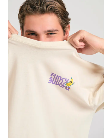 FUNKY BUDDHA Oversized t-shirt με graphic τύπωμα στην πλάτη FBM011-052-04 CHALK