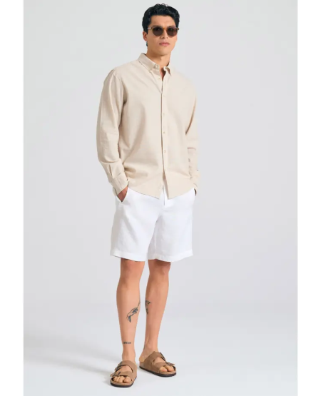 FUNKY BUDDHA Comfort fit garment dyed λινή βερμούδα FBM011-009-03 WHITE