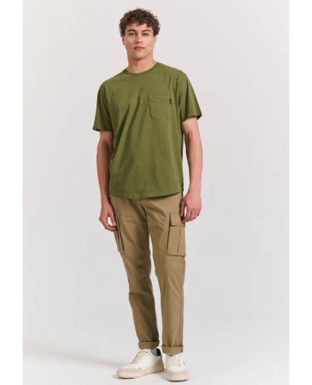FUNKY BUDDHA Βαμβακερό t-shirt με τσέπη στο στήθος FBM011-006-04 KHAKI