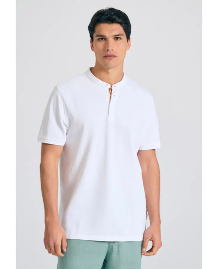 FUNKY BUDDHA Μπλούζα polo με λαιμό mao και κέντημα στο μανίκι FBM011-005-11 WHITE