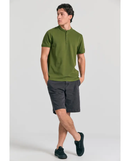 FUNKY BUDDHA Mao neck polo shirt with embroidery on the sleeve FBM011-005-11 KHAKI