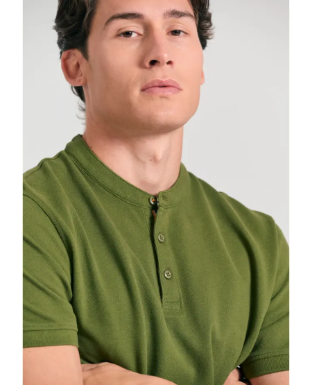 FUNKY BUDDHA Μπλούζα polo με λαιμό mao και κέντημα στο μανίκι FBM011-005-11 KHAKI