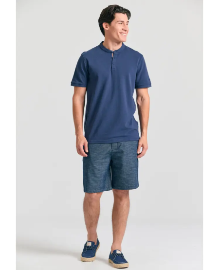 FUNKY BUDDHA Mao neck polo shirt with embroidery on the sleeve FBM011-005-11 NAVY