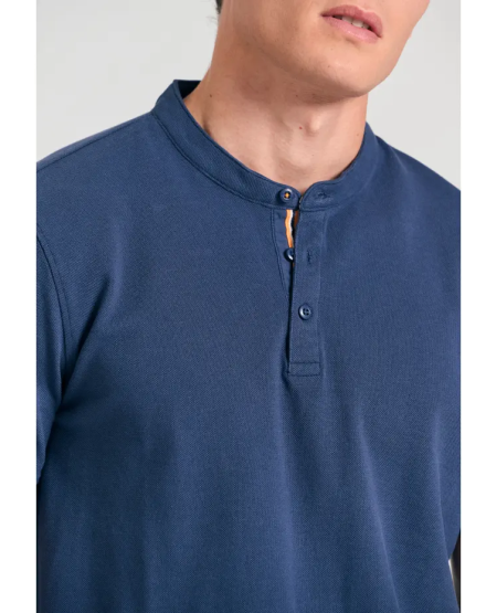 FUNKY BUDDHA Mao neck polo shirt with embroidery on the sleeve FBM011-005-11 NAVY