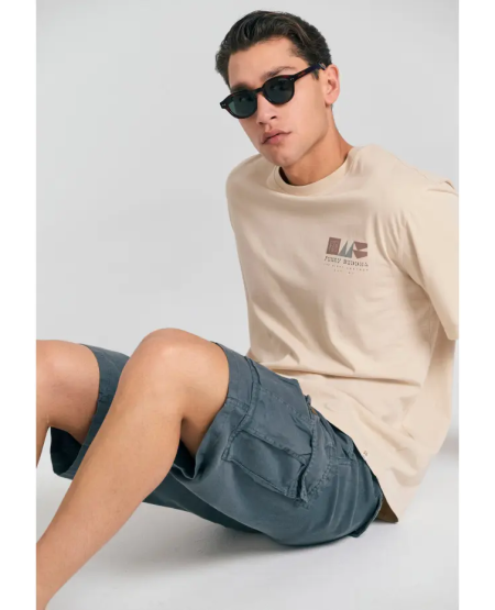 FUNKY BUDDHA Loose fit linen blend cargo βερμούδα FBM011-032-03 STEEL GREY
