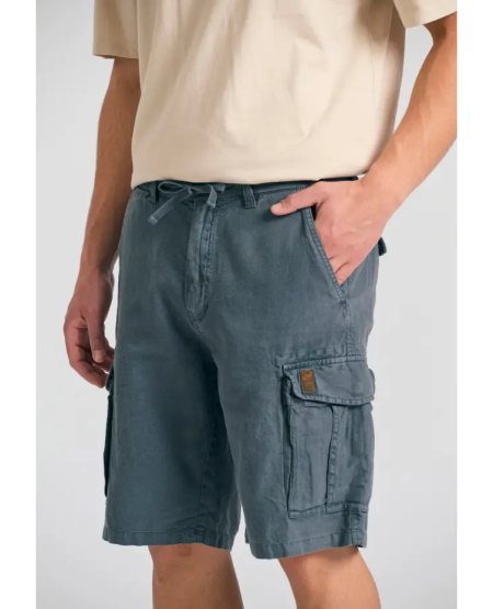 FUNKY BUDDHA Loose fit linen blend cargo shorts FBM011-032-03 STEEL GREY