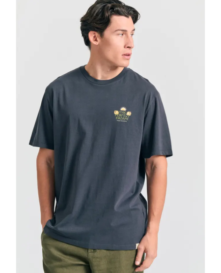 FUNKY BUDDHA Relaxed fit t-shirt με tropical τύπωμα στην πλάτη FBM011-089-04 ANTHRACITE