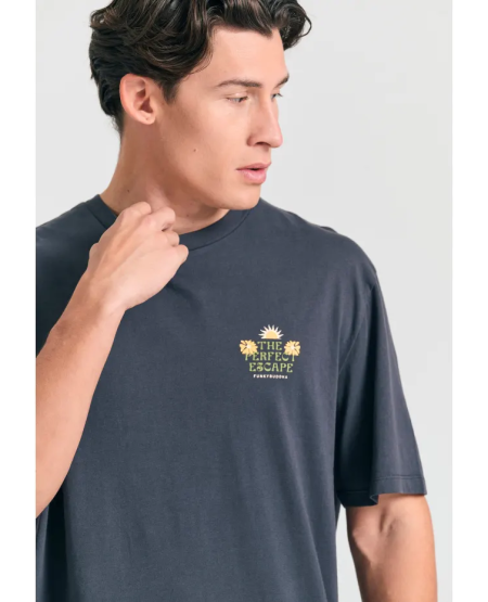 FUNKY BUDDHA Relaxed fit t-shirt με tropical τύπωμα στην πλάτη FBM011-089-04 ANTHRACITE