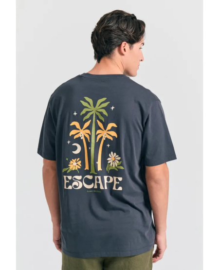 FUNKY BUDDHA Relaxed fit t-shirt με tropical τύπωμα στην πλάτη FBM011-089-04 ANTHRACITE