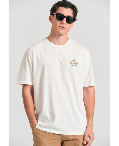 FUNKY BUDDHA Relaxed fit t-shirt με tropical τύπωμα στην πλάτη FBM011-089-04 OFF WHITE